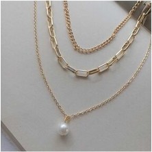 3 Lü Gold Zincir Inci Detay Kolye