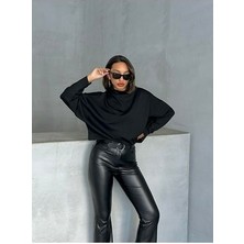 Kadın Siyah Interlok Kumaş Dik Yaka Yarasa Kol Bluz
