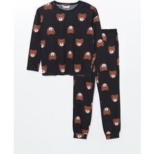 Siyah Baskılı Bisiklet Yaka Baskılı Kadın Pijama Takımı