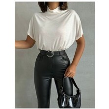 Kadın Ekru Dik Yaka Lyocell Kumaş Düşük Omuz  Bluz