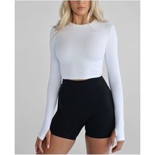 Lady Hazal Beyaz Spor Crop Top Bisiklet Yaka Soft Touch Basic Parmaklı Kadın Body Esnek Kumaş Özelliğiyle