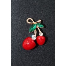 Keeba Aşkın rengi kırmızı kiraz broş pırlanta taşlı gold dallı kadın yaka iğnesi broş