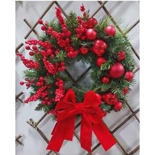 Yılbaşı Temalı Kapı Süsü Kırmızı Toplar 40  cm , Noel, Yılbaşı Süsü, Kapı Çelenk, Ev Dekor,