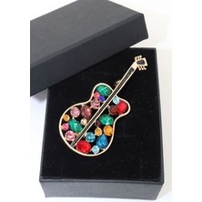 Keeba Ruhun Melodisi Gitar Broş Gold Pırlanta Taşlı Gitarlı Tasarım Unisex Erkek Kadın Broş Yaka İğnesi