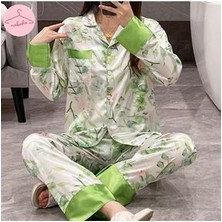 Kadın Şık Tasarım Gecelik Takım Beyaz Üzeri Yeşil Desenli