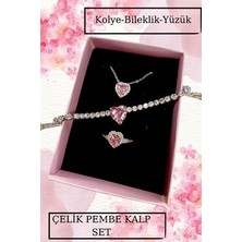 Pembe Kalp Çelik Kolye Bileklik Yüzük Kombin Seti Sevgili Hediyelik Yıldönümü Hediye Konsept Hediye