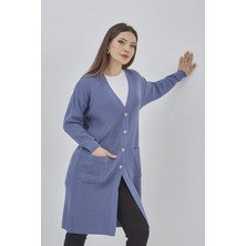 Fresh Moda Kadın Uzun Triko Mevsimlik Cepli Düğmeli Likralı Hırka