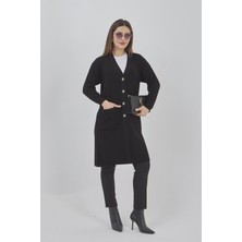 Fresh Moda Kadın Uzun Triko Mevsimlik Cepli Düğmeli Likralı Hırka