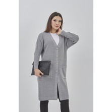 Fresh Moda Kadın Uzun Triko Mevsimlik Cepli Düğmeli Likralı Hırka