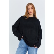 6913 Kadın Salaş Yumuşak Dokulu Oversize Triko Kazak Siyah