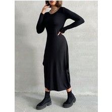 Kadın Siyah Bisiklet Yaka Uzun Kol Şalvar Kesim Viskon Elbise