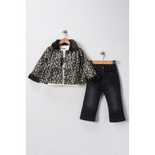 Miniğimin Cicileri Leopar Ceketli Kürk Detaylı Kız Çocuk 3 lü takım - Gri