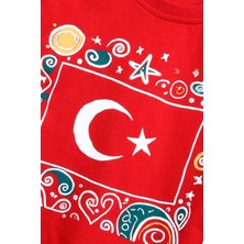 %100 Pamuklu Kısa Kollu Türk Bayrağı Baskılı Kız ve Erkek Unisex Çocuk Tshirt Kırmızı