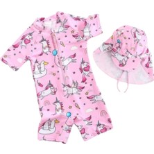 Petityu UPF50+ Pembe Unicorn Mavi Balon Desenli Kız Çocuk Şapka Mayo Set