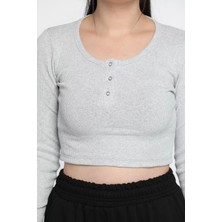 Kaşkorse Likralı Ön Çıtçıtlı Crop Top Bluz