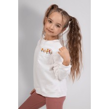 Çiçek Nakışlı Sweatshirt Fitilli Esnek Tayt 2'li Alt-Üst Kız Çocuk Takım