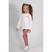 Çiçek Nakışlı Sweatshirt Fitilli Esnek Tayt 2'li Alt-Üst Kız Çocuk Takım