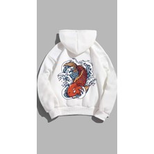 Sweatshirt Unisex Oversize Kalıp Baskılı 3 Iplik Balık Detaylı Beyaz Hoodie Kapşonlu Sweat