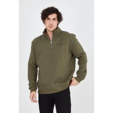 Tua Moda Erkek Yarım Fermuarlı Baskılı Sweat - Yeşil