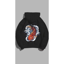 Sweatshirt Unisex Oversize Kalıp Baskılı 3 Iplik Balık Detaylı Siyah Hoodie Kapşonlu Sweat