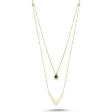 Sembol Gold Altın Kolye Nazarboncuk ve Üçgen Çift Zincirli