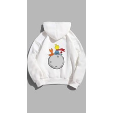 Sweatshirt Unisex Oversize Kalıp Baskılı 3 Iplik Küçük Prens Detaylı Beyaz Hoodie Kapşonlu Sweat