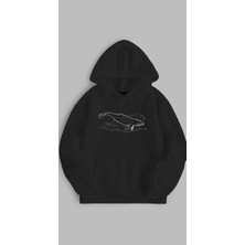 Sweatshirt Unisex Oversize Kalıp Baskılı 3 Iplik Balina Detaylı Siyah Hoodie Kapşonlu Sweat