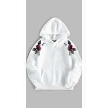 Sweatshirt Unisex Oversize Kalıp Baskılı 3 Iplik Çiçek Detaylı Beyaz Hoodie Kapşonlu Sweat