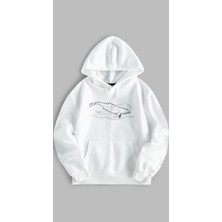 Sweatshirt Unisex Oversize Kalıp Baskılı 3 Iplik Balina Detaylı Beyaz Hoodie Kapşonlu Sweat