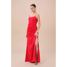 Oleg By Oleg Cassini Kırmızı Ince Askılı Saten Kumaş Uzun Abiye Elbise D28NY23412V2