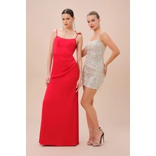 Oleg By Oleg Cassini Kırmızı Ince Askılı Saten Kumaş Uzun Abiye Elbise D28NY23412V2