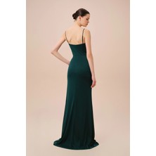 Oleg By Oleg Cassini Yeşil Ince Askılı Saten Kumaş Uzun Abiye Elbise 4XLF20783