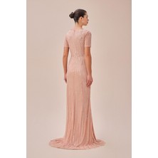 Oleg Cassini Toz Pembe Kısa Kollu Payet Işlemeli Uzun Abiye Elbise 4XLWGIN3508D