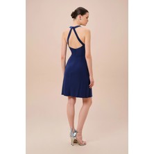 Oleg By Oleg Cassini Lacivert Halter Yaka Krep Kumaş Mini Abiye Elbise WBM3810V1