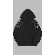Sweatshirt Unisex Oversize Kalıp Baskılı 3 Iplik Çiçek Detaylı Siyah Hoodie Kapşonlu Sweat