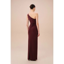 Oleg By Oleg Cassini Kahverengi Tek Omuz Jarse Kumaş Uzun Abiye Elbise WBM3751