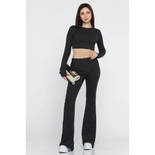 Ispanyol Paça Pantolon Crop Top Bluz Yün Kaşkorse Ikili Takım