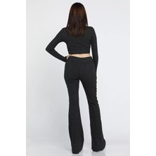 Ispanyol Paça Pantolon Crop Top Bluz Yün Kaşkorse Ikili Takım