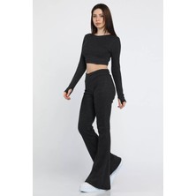 Ispanyol Paça Pantolon Crop Top Bluz Yün Kaşkorse Ikili Takım