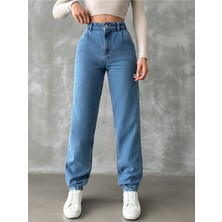 Denim Mom Jean Yüksel Bel Paça Pensli Pantolon - Mavi