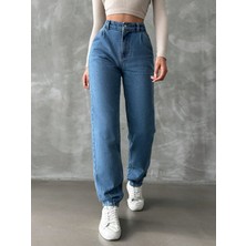 Denim Mom Jean Yüksel Bel Paça Pensli Pantolon - Mavi