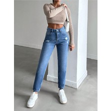 Denim Mom Jean Yüksel Bel Paça Pensli Pantolon - Mavi