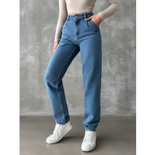 Denim Mom Jean Yüksel Bel Paça Pensli Pantolon - Mavi
