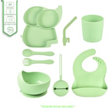 Jojobebek Silikon Beslenme Seti, Fil Figürlü Silikon Vakumlu Mama Tabağı, Kase, Önlük, Pipet, Çatal, Kaşık, Bardak, Emzik Kılıfı, Bardak / Yeşil Renk