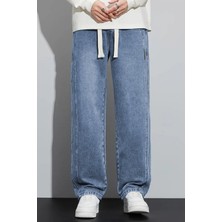 The Rule Erkek Mavi Baggy Beli Lastikli Likralı Düz Paça Bol Kesim Esnek Jean Denim Kot Pantolon RF0484