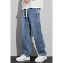 The Rule Erkek Mavi Baggy Beli Lastikli Likralı Düz Paça Bol Kesim Esnek Jean Denim Kot Pantolon RF0484