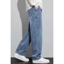 The Rule Erkek Mavi Baggy Beli Lastikli Likralı Düz Paça Bol Kesim Esnek Jean Denim Kot Pantolon RF0484