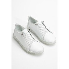 Hakiki Deri Ortopedik Kadın Ayakkabısı Günlük Beyaz Şeffaf Tabanlı Elastik Bağcıklı