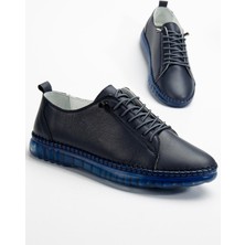 Hakiki Deri Ortopedik Kadın Ayakkabısı Günlük Lacivert Şeffaf Tabanlı Elastik Bağcıklı