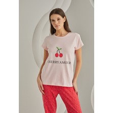 Dream Fashion %100 Pamuk Pembe Cherry Amour Pijama Takımı